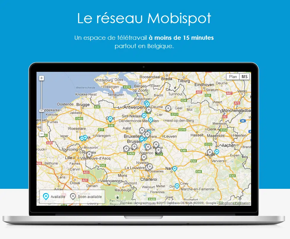 Mobispot est une start-up bruxelloise lancée par Pierre Vreuls qui doit permettre à ses clients de disposer d'un bureau fonctionnel à 15 minutes en voiture du lieu où ils se trouvent.